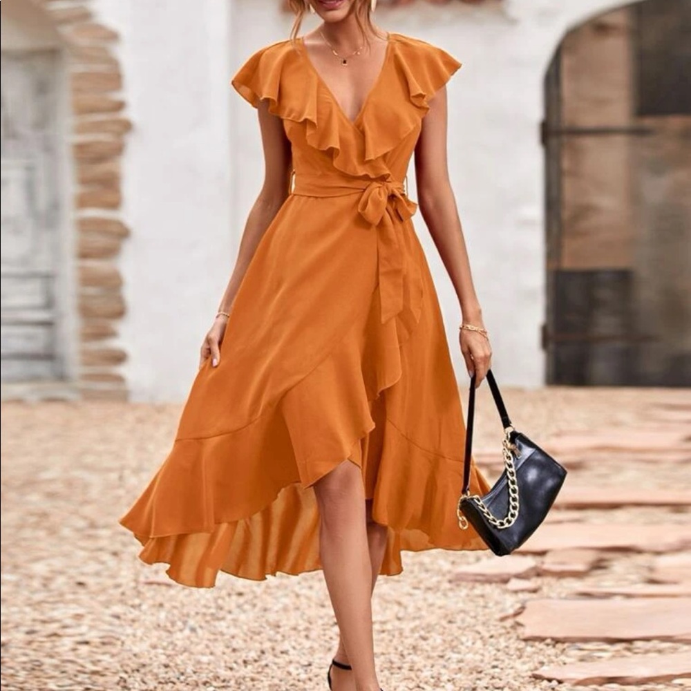 Boho ruffle hem belted midi dress - Picture 3 of 8